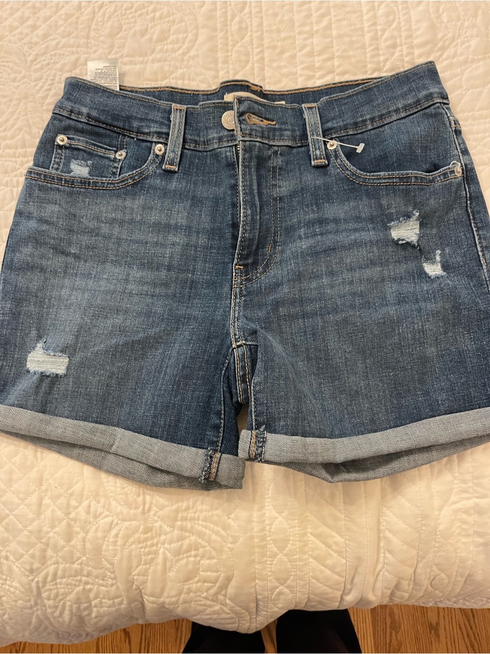 Levi's Mid-Blue Rolled Cuff Distressed Denim Shorts